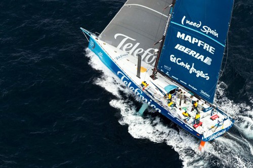 Team Telefonica, skippered by Iker Martinez from Spain, sailing the final miles towards the finish of leg 4 in Auckland, during the Volvo Ocean Race 2011-12. © Ian Roman/Volvo Ocean Race http://www.volvooceanrace.com